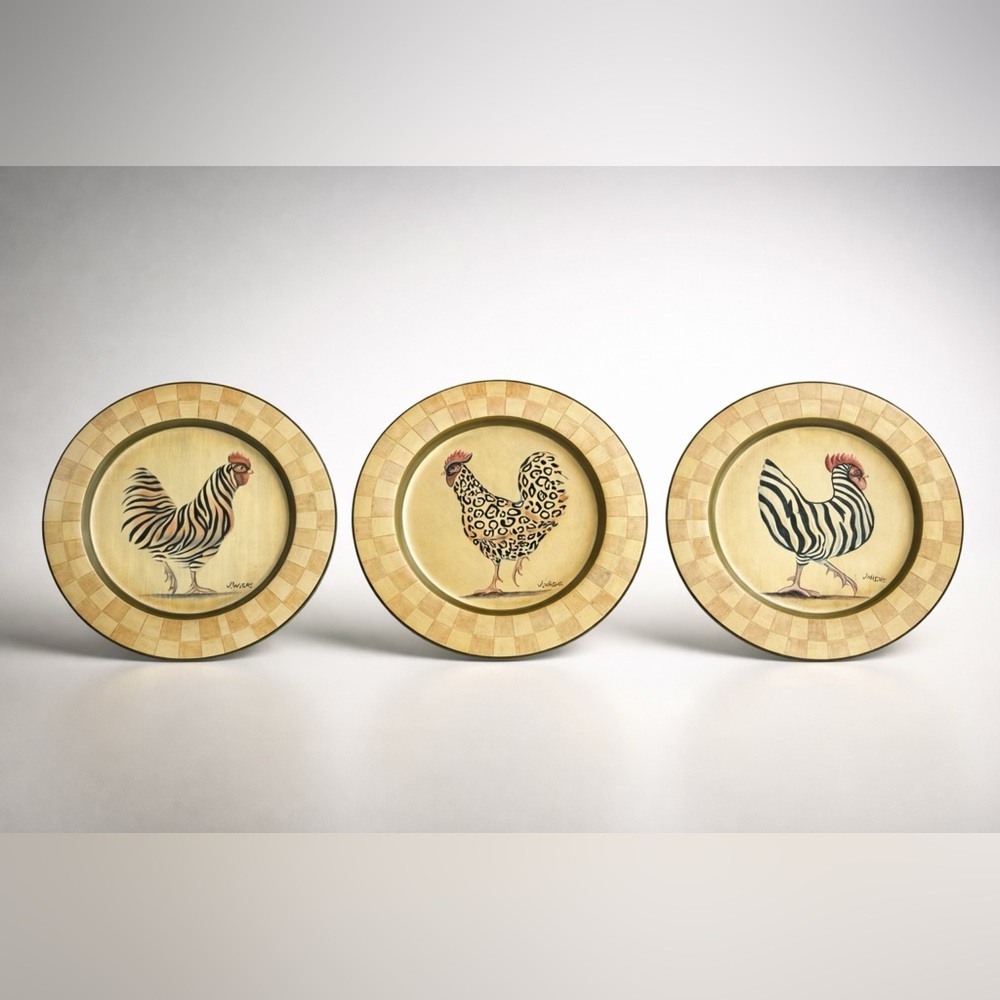 Signed J. Wiens set of 3 decorative Rooster Plates